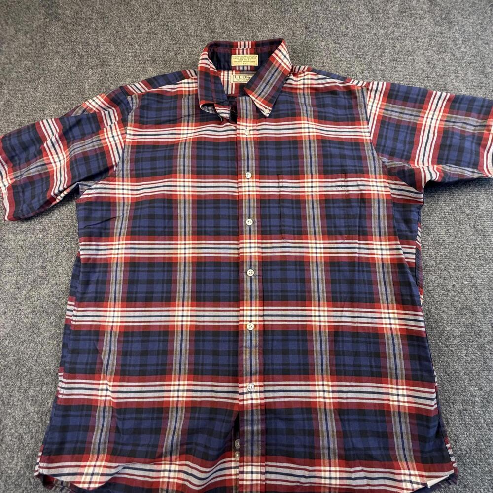 LL Bean Mens Short Sleeve Plaid Button Down Shirt Red Navy White USA Size 16.5